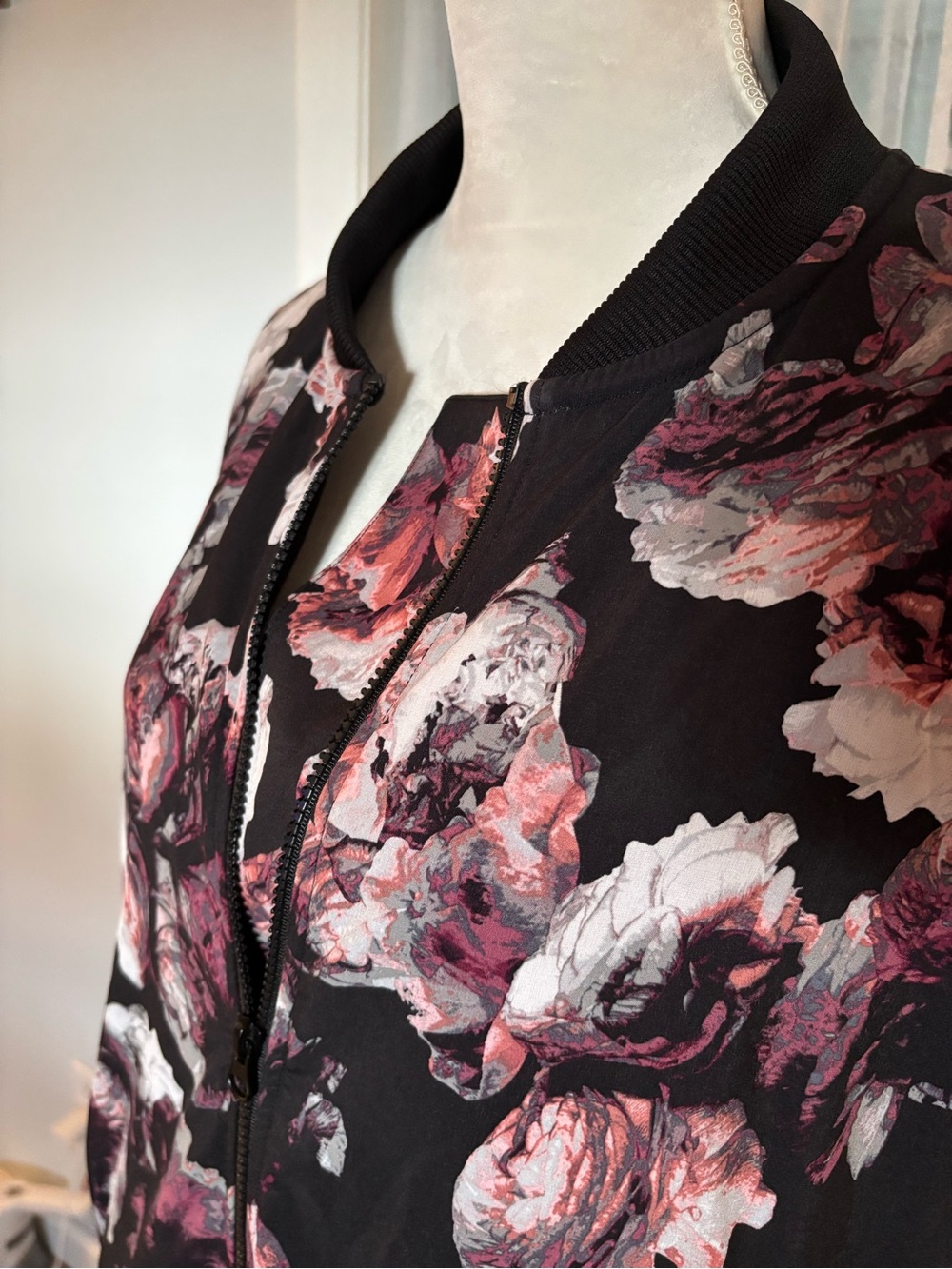Victoria's Secret Black Floral Bomber Jacket with Pink Accents